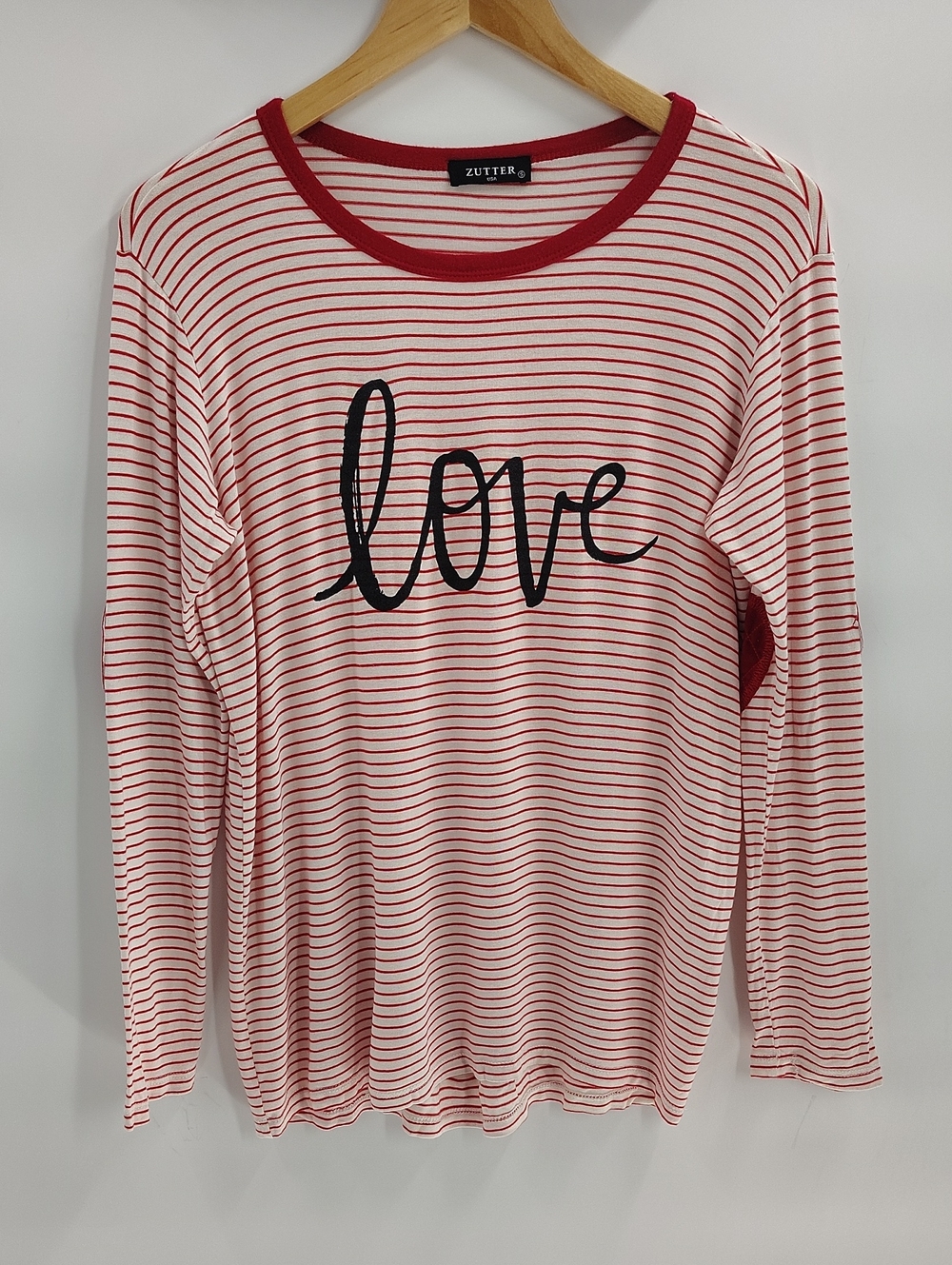 Zutter Top Small Love Long Sleeve Red White Stripe Heart Elbow Patches Stretch